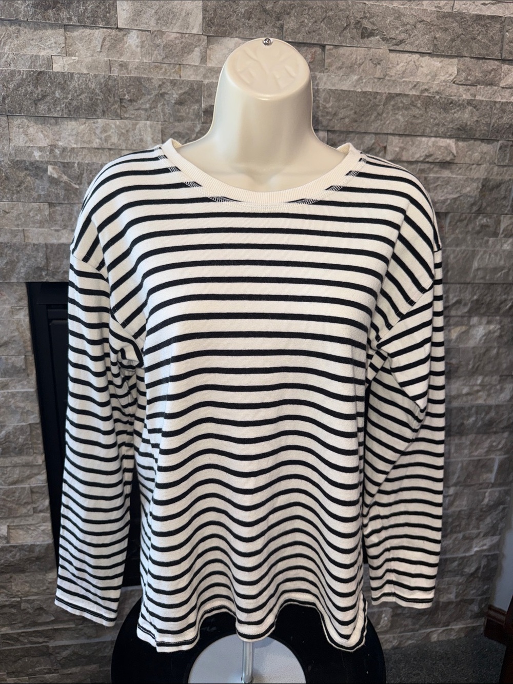 Zara Black and White Striped Crew Neck Sweater